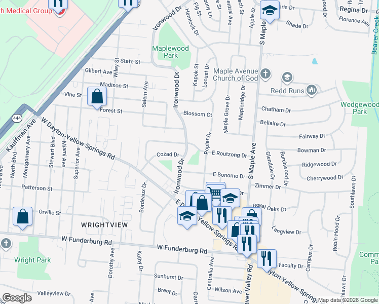 map of restaurants, bars, coffee shops, grocery stores, and more near 22 West Routzong Drive in Fairborn
