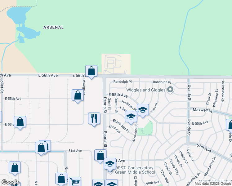 map of restaurants, bars, coffee shops, grocery stores, and more near 12295 East 55th Avenue in Denver