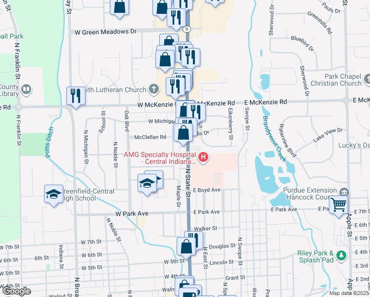 map of restaurants, bars, coffee shops, grocery stores, and more near 946 North State Street in Greenfield