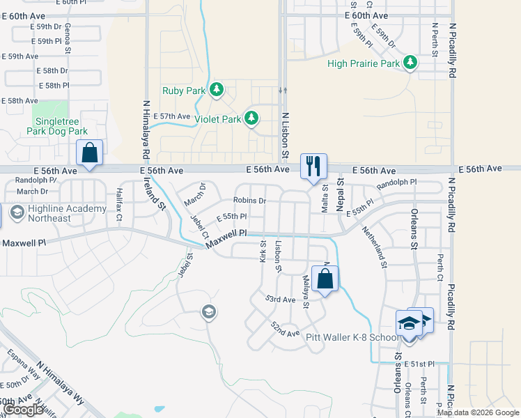 map of restaurants, bars, coffee shops, grocery stores, and more near 5554 Killarney Court in Denver