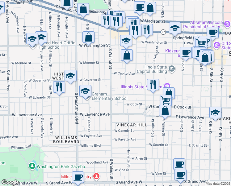 map of restaurants, bars, coffee shops, grocery stores, and more near 627 West Edwards Street in Springfield