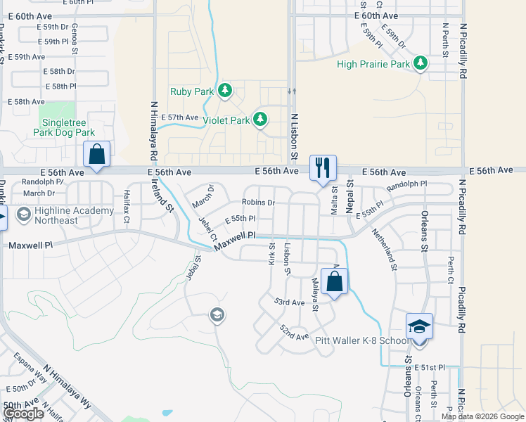 map of restaurants, bars, coffee shops, grocery stores, and more near 5554 Killarney Court in Denver