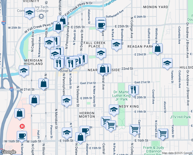 map of restaurants, bars, coffee shops, grocery stores, and more near 2121 North New Jersey Street in Indianapolis