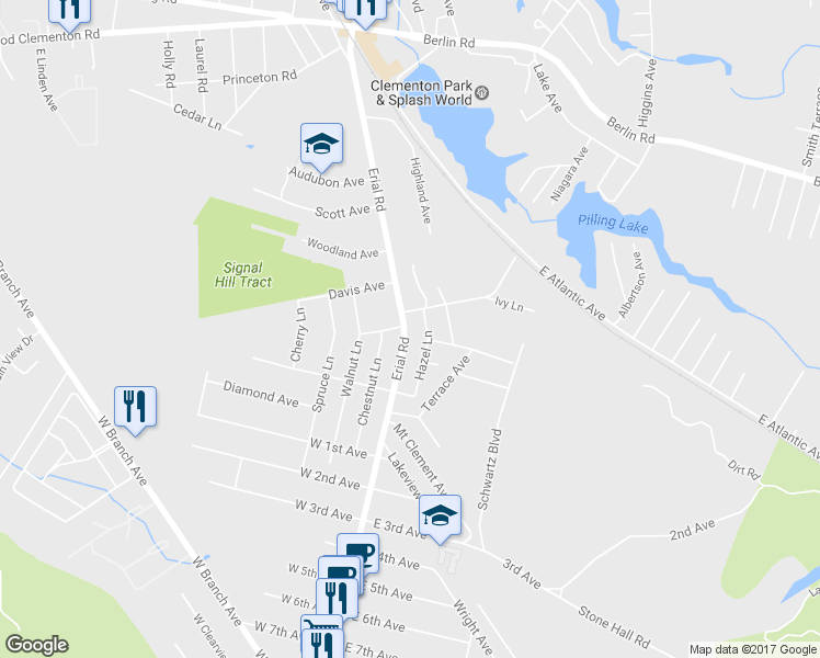 map of restaurants, bars, coffee shops, grocery stores, and more near 165 Erial Road in Clementon
