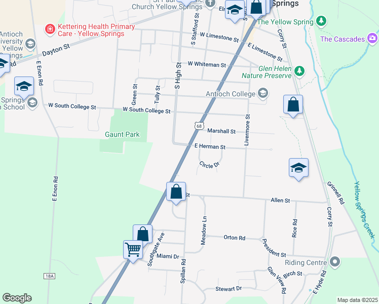 map of restaurants, bars, coffee shops, grocery stores, and more near 1107 Xenia Avenue in Yellow Springs