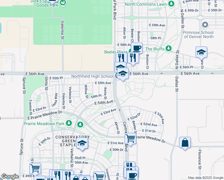 map of restaurants, bars, coffee shops, grocery stores, and more near 5451 Central Park Boulevard in Denver