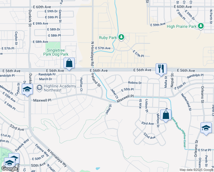 map of restaurants, bars, coffee shops, grocery stores, and more near 5567 Jebel Court in Denver