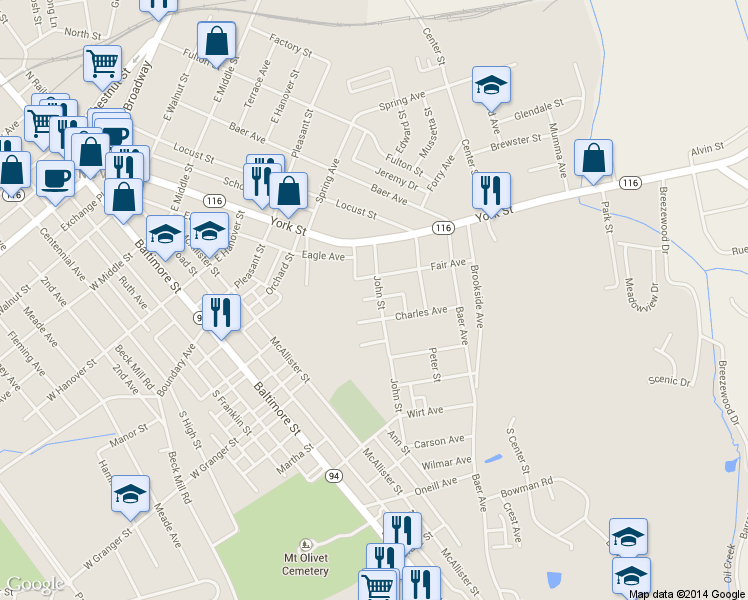 map of restaurants, bars, coffee shops, grocery stores, and more near 117 John St in Hanover