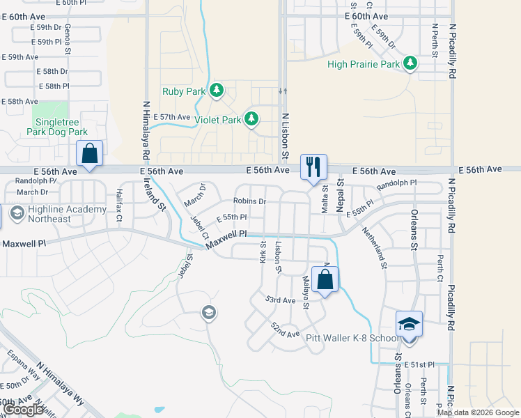 map of restaurants, bars, coffee shops, grocery stores, and more near 5554 Killarney Court in Denver
