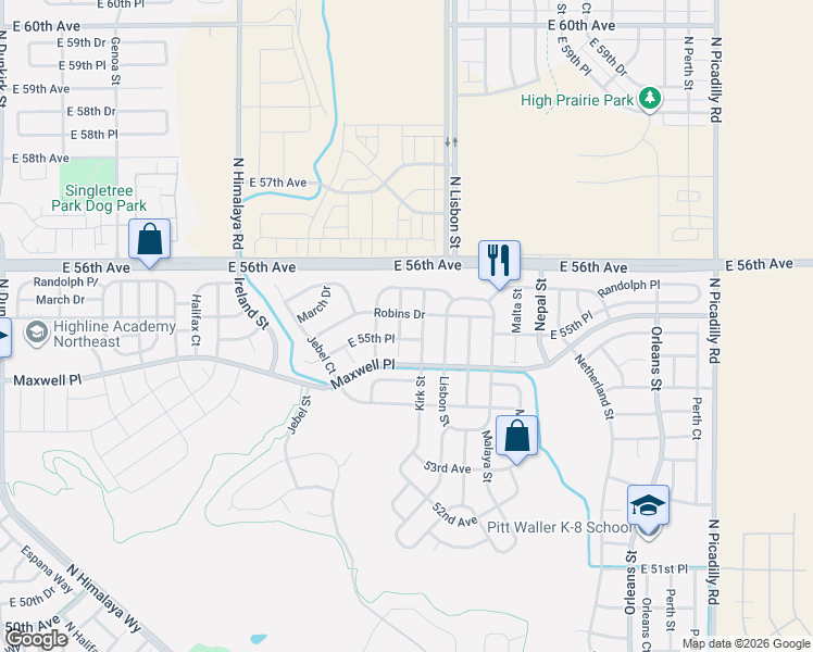 map of restaurants, bars, coffee shops, grocery stores, and more near 5554 Killarney Court in Denver
