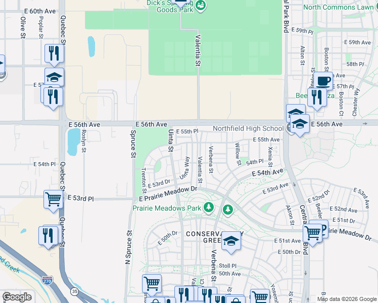 map of restaurants, bars, coffee shops, grocery stores, and more near 5479 Valentia Street in Denver