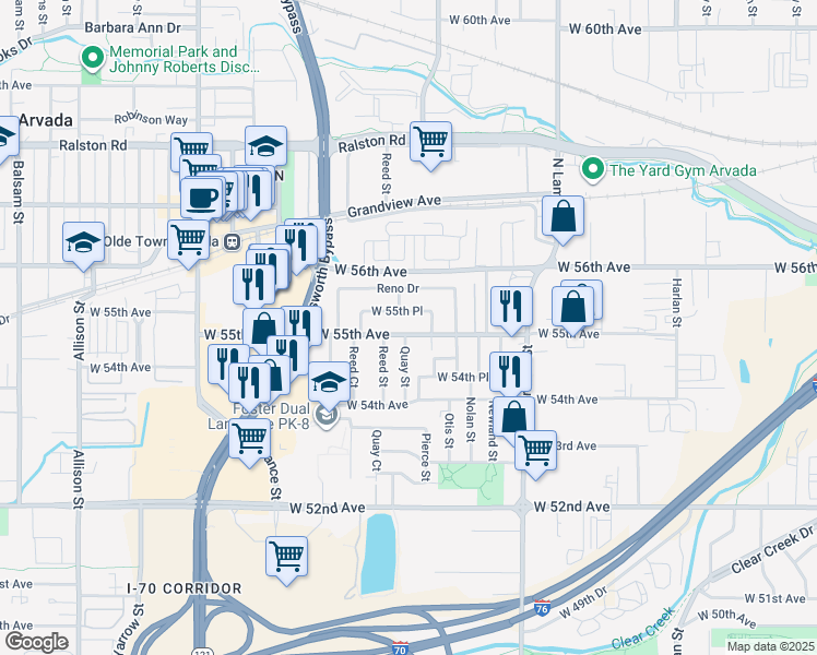 map of restaurants, bars, coffee shops, grocery stores, and more near 6895 West 55th Avenue in Arvada