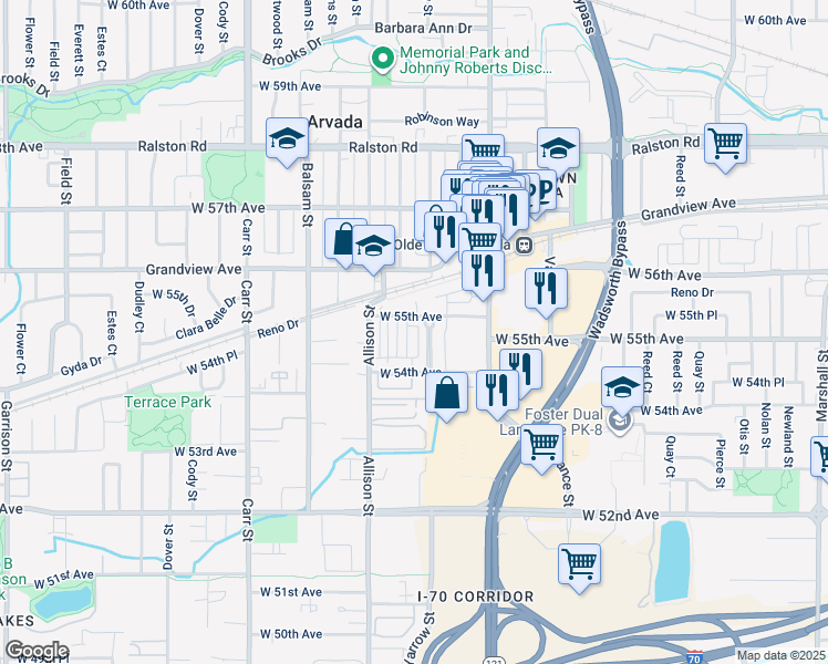 map of restaurants, bars, coffee shops, grocery stores, and more near 5475 Water Tower Promenade in Arvada