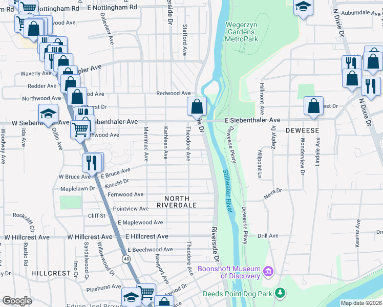 map of restaurants, bars, coffee shops, grocery stores, and more near 336 Ryburn Avenue in Dayton