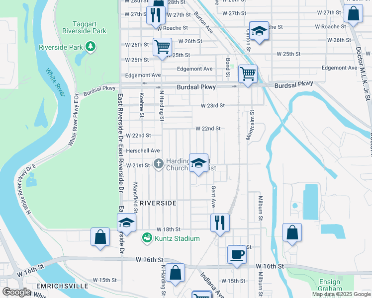 map of restaurants, bars, coffee shops, grocery stores, and more near 2144 Sugar Grove Avenue in Indianapolis