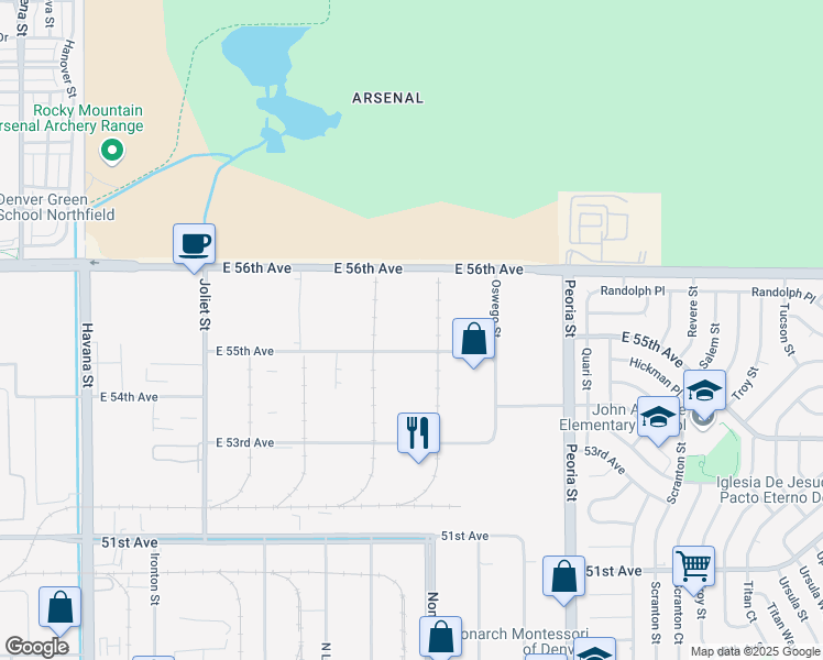 map of restaurants, bars, coffee shops, grocery stores, and more near 11605 East 55th Avenue in Denver