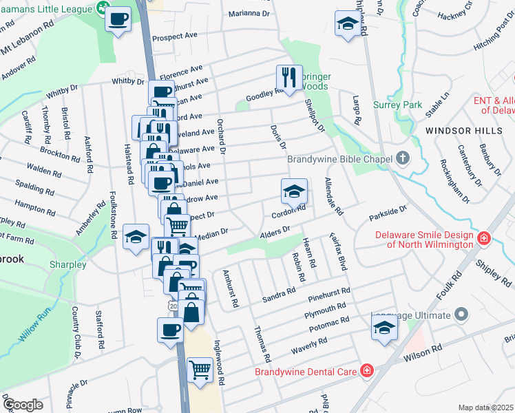 map of restaurants, bars, coffee shops, grocery stores, and more near 2504 Wellesley Avenue in Wilmington