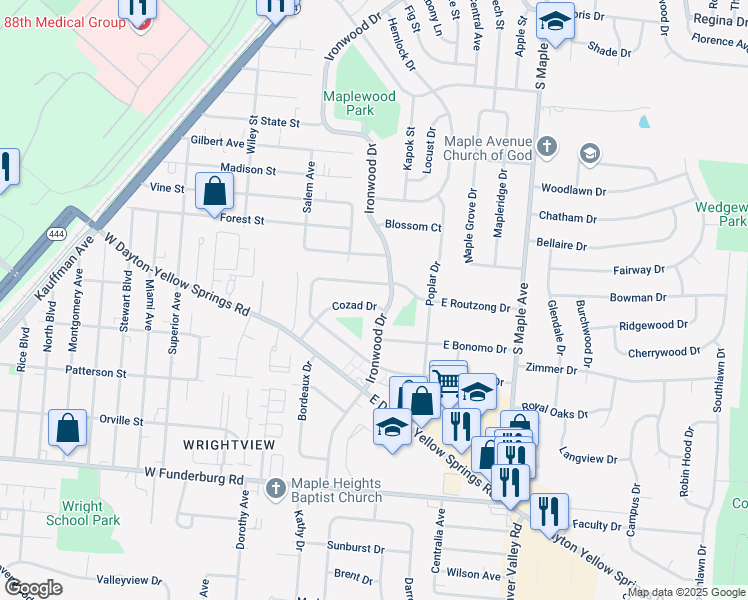 map of restaurants, bars, coffee shops, grocery stores, and more near 113 Cozad Dr in Fairborn