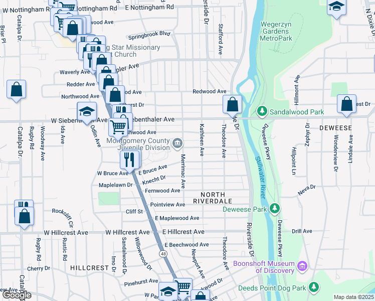 map of restaurants, bars, coffee shops, grocery stores, and more near 210 Ryburn Avenue in Dayton