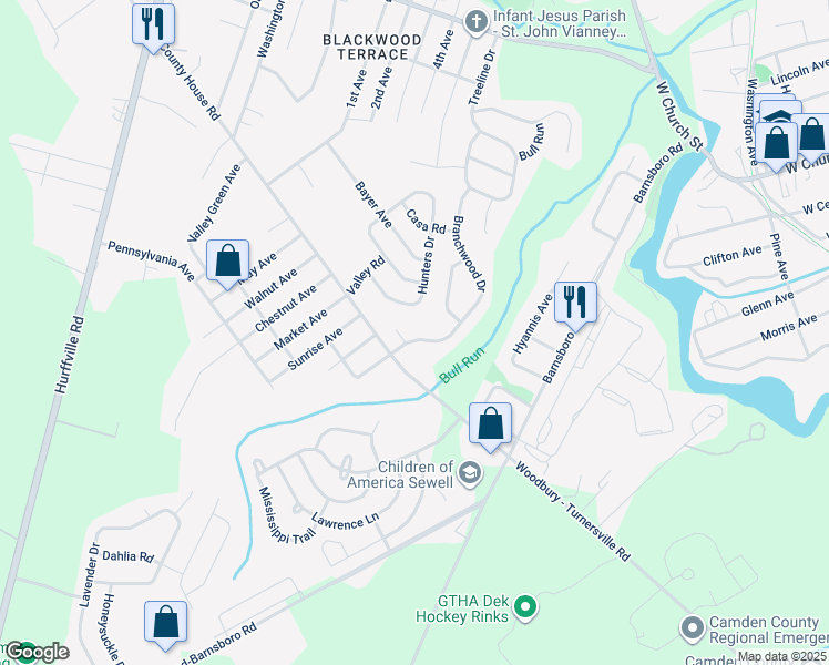 map of restaurants, bars, coffee shops, grocery stores, and more near 105 Branchwood Drive in Deptford