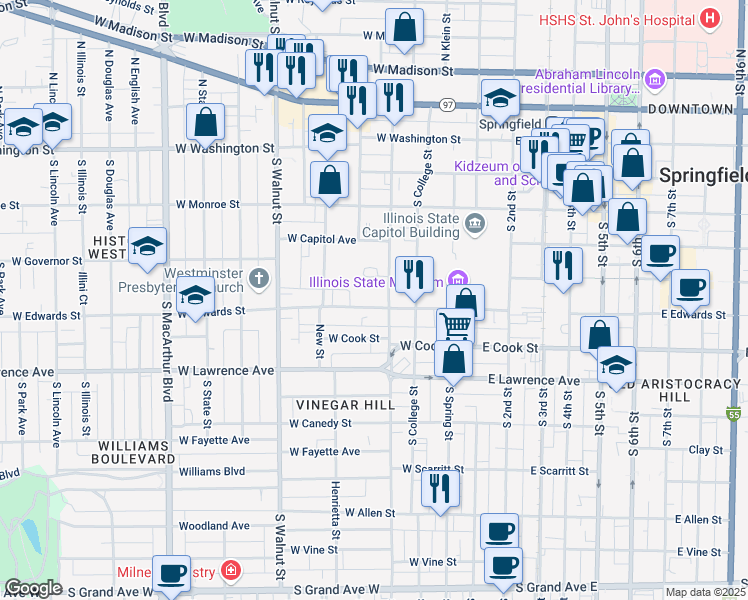 map of restaurants, bars, coffee shops, grocery stores, and more near 413 West Edwards Street in Springfield