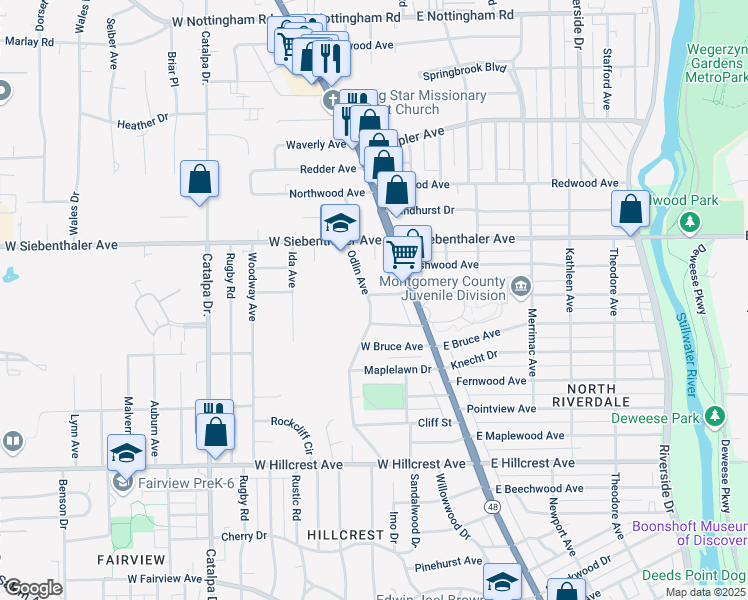 map of restaurants, bars, coffee shops, grocery stores, and more near 46 Maylan Drive in Dayton