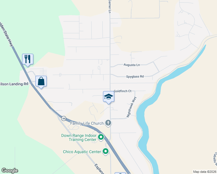 map of restaurants, bars, coffee shops, grocery stores, and more near 13593 Garner Lane in Chico