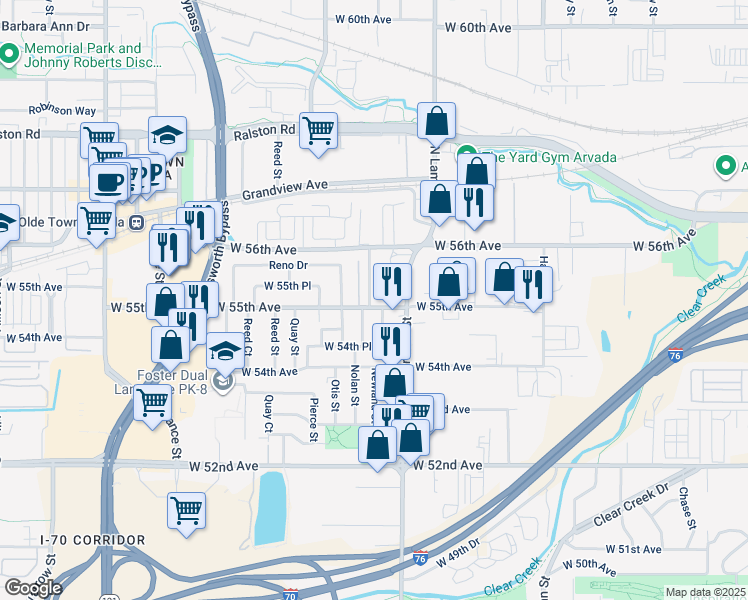 map of restaurants, bars, coffee shops, grocery stores, and more near 6595 West 55th Avenue in Arvada