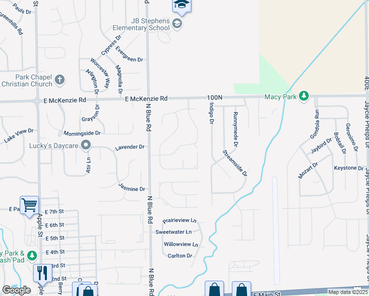map of restaurants, bars, coffee shops, grocery stores, and more near 1701 Summerwood Boulevard in Greenfield