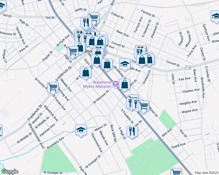 map of restaurants, bars, coffee shops, grocery stores, and more near 11 Mustang Drive in Hanover