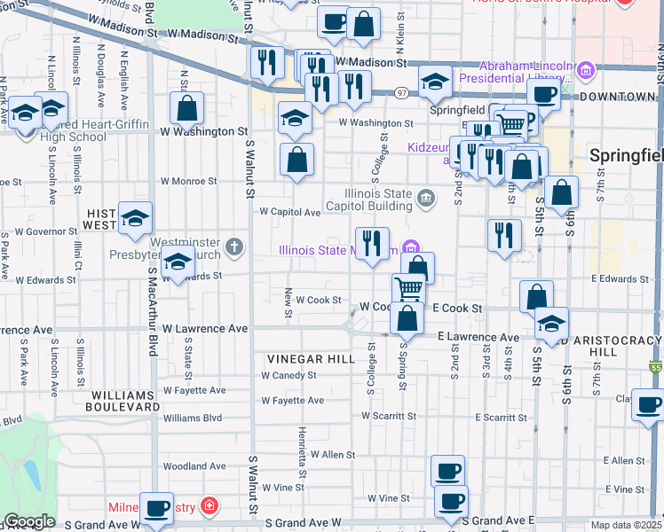 map of restaurants, bars, coffee shops, grocery stores, and more near 417 West Edwards Street in Springfield