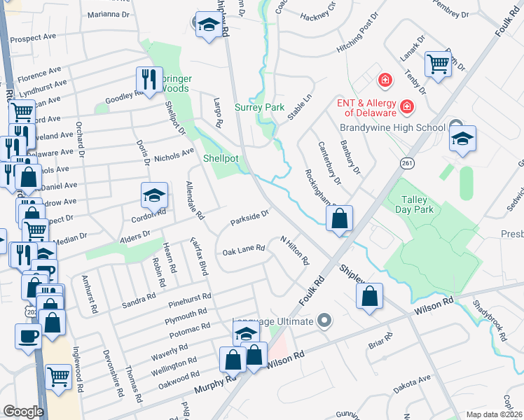 map of restaurants, bars, coffee shops, grocery stores, and more near 1123 Parkside Drive in Wilmington