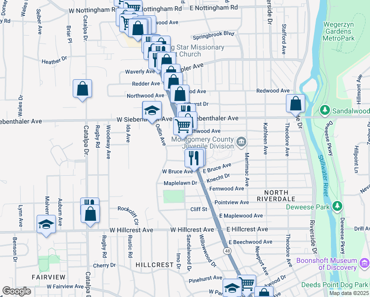 map of restaurants, bars, coffee shops, grocery stores, and more near 3335 North Main Street in Dayton
