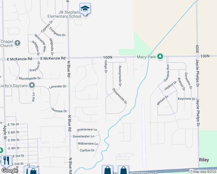 map of restaurants, bars, coffee shops, grocery stores, and more near 833 Indigo Drive in Greenfield