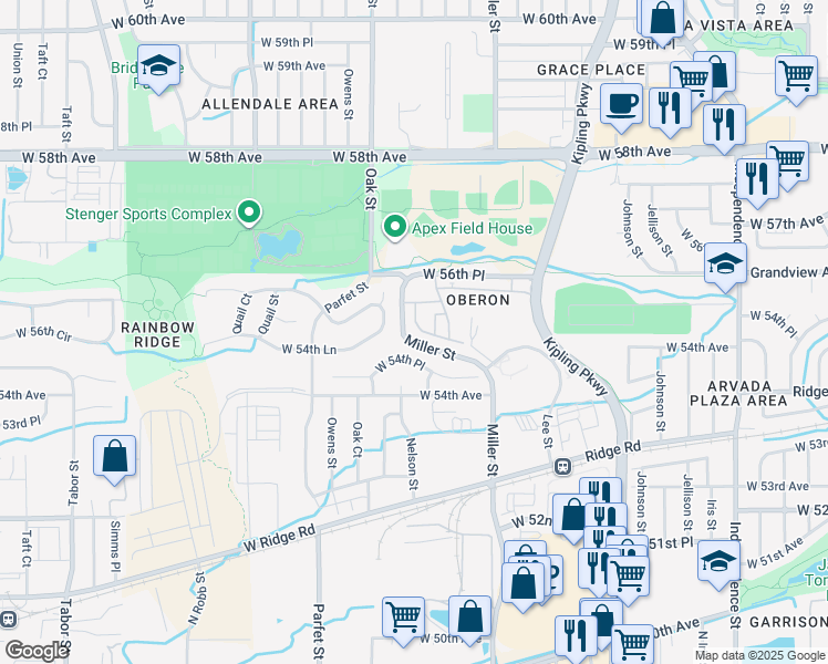 map of restaurants, bars, coffee shops, grocery stores, and more near 10330 West 55th Lane in Arvada