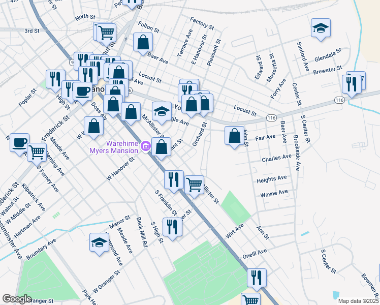 map of restaurants, bars, coffee shops, grocery stores, and more near 5 Orchard Street in Hanover