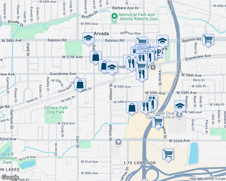 map of restaurants, bars, coffee shops, grocery stores, and more near 5467 Zephyr Court in Arvada