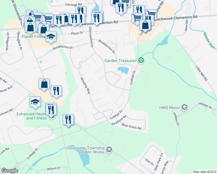 map of restaurants, bars, coffee shops, grocery stores, and more near 2 Jamie Ct in Laurel Springs