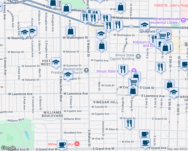 map of restaurants, bars, coffee shops, grocery stores, and more near 627 West Edwards Street in Springfield