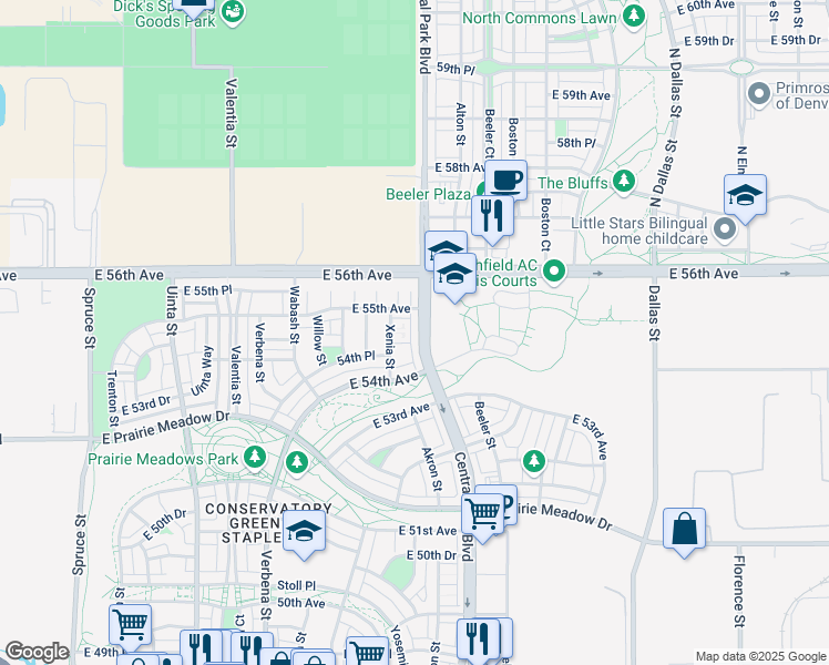 map of restaurants, bars, coffee shops, grocery stores, and more near 5453 Central Park Boulevard in Denver