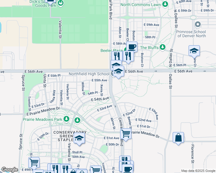 map of restaurants, bars, coffee shops, grocery stores, and more near 5453 Central Park Boulevard in Denver