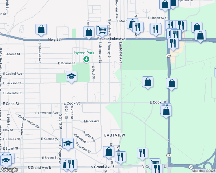 map of restaurants, bars, coffee shops, grocery stores, and more near 507 South Wesley Street in Springfield
