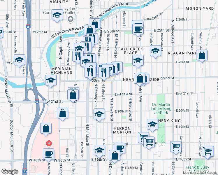 map of restaurants, bars, coffee shops, grocery stores, and more near 2130 North Delaware Street in Indianapolis