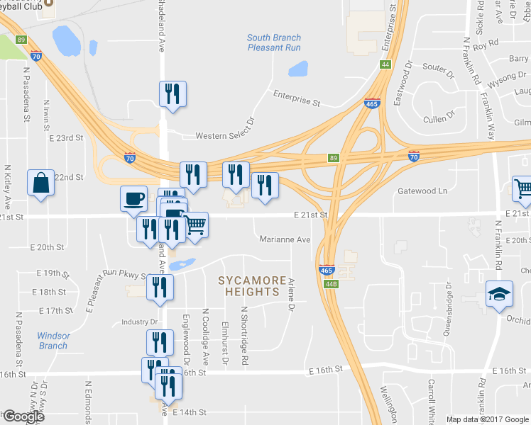 map of restaurants, bars, coffee shops, grocery stores, and more near 7306 East 21st Street in Indianapolis