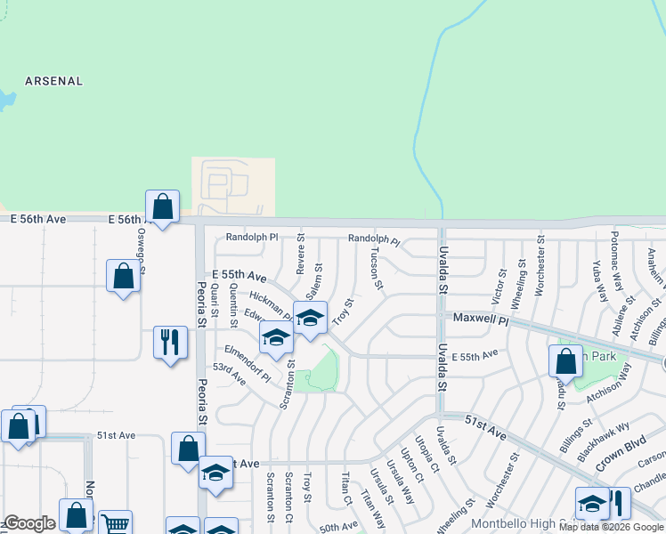 map of restaurants, bars, coffee shops, grocery stores, and more near 5537 Scranton Street in Denver