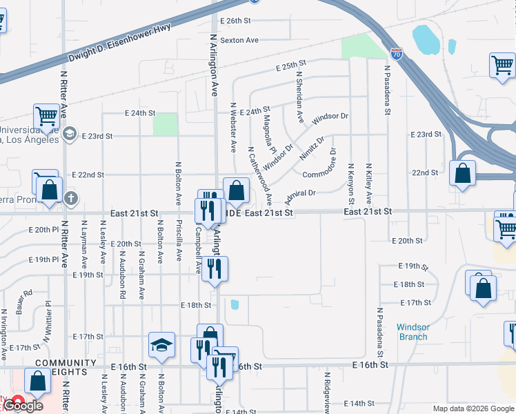 map of restaurants, bars, coffee shops, grocery stores, and more near 6046 East 21st Street in Indianapolis