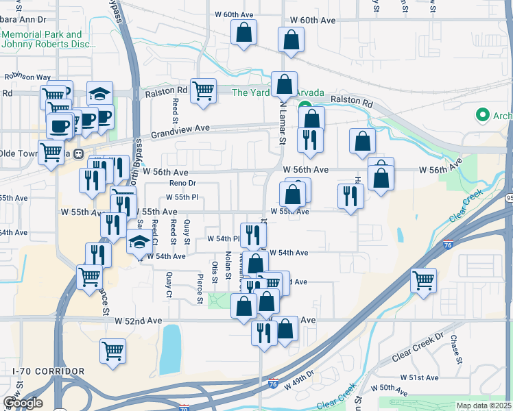 map of restaurants, bars, coffee shops, grocery stores, and more near 5503 Marshall Street in Arvada
