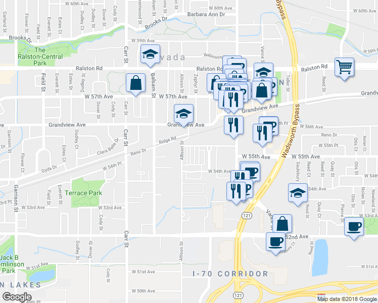 map of restaurants, bars, coffee shops, grocery stores, and more near 5467 Zephyr Court in Arvada