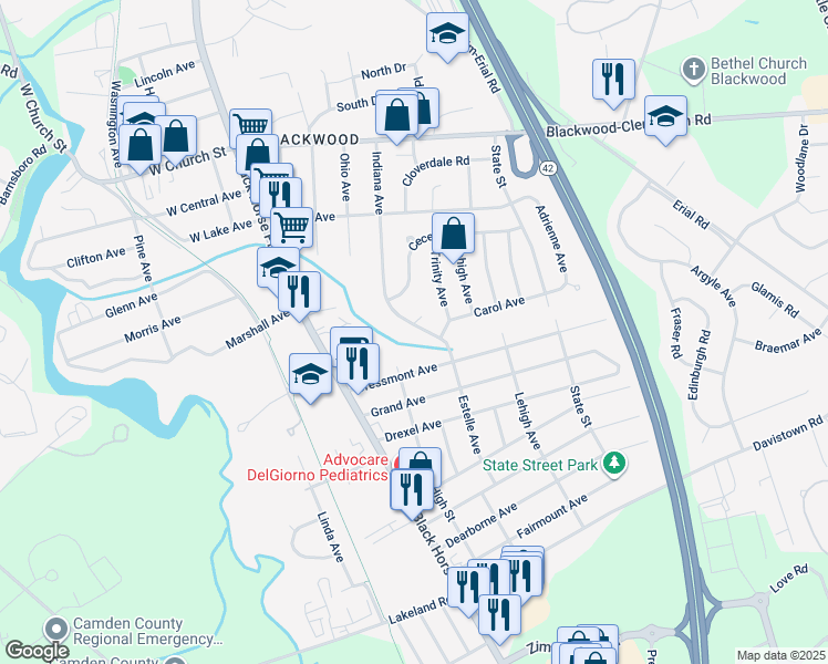 map of restaurants, bars, coffee shops, grocery stores, and more near 189 Indiana Avenue in Gloucester Township