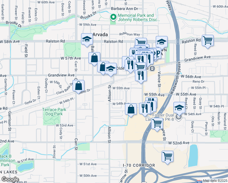 map of restaurants, bars, coffee shops, grocery stores, and more near 5467 Zephyr Court in Arvada